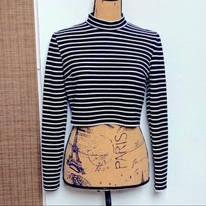 Mock Neck Black & White Striped Long Sleeve Crop Top